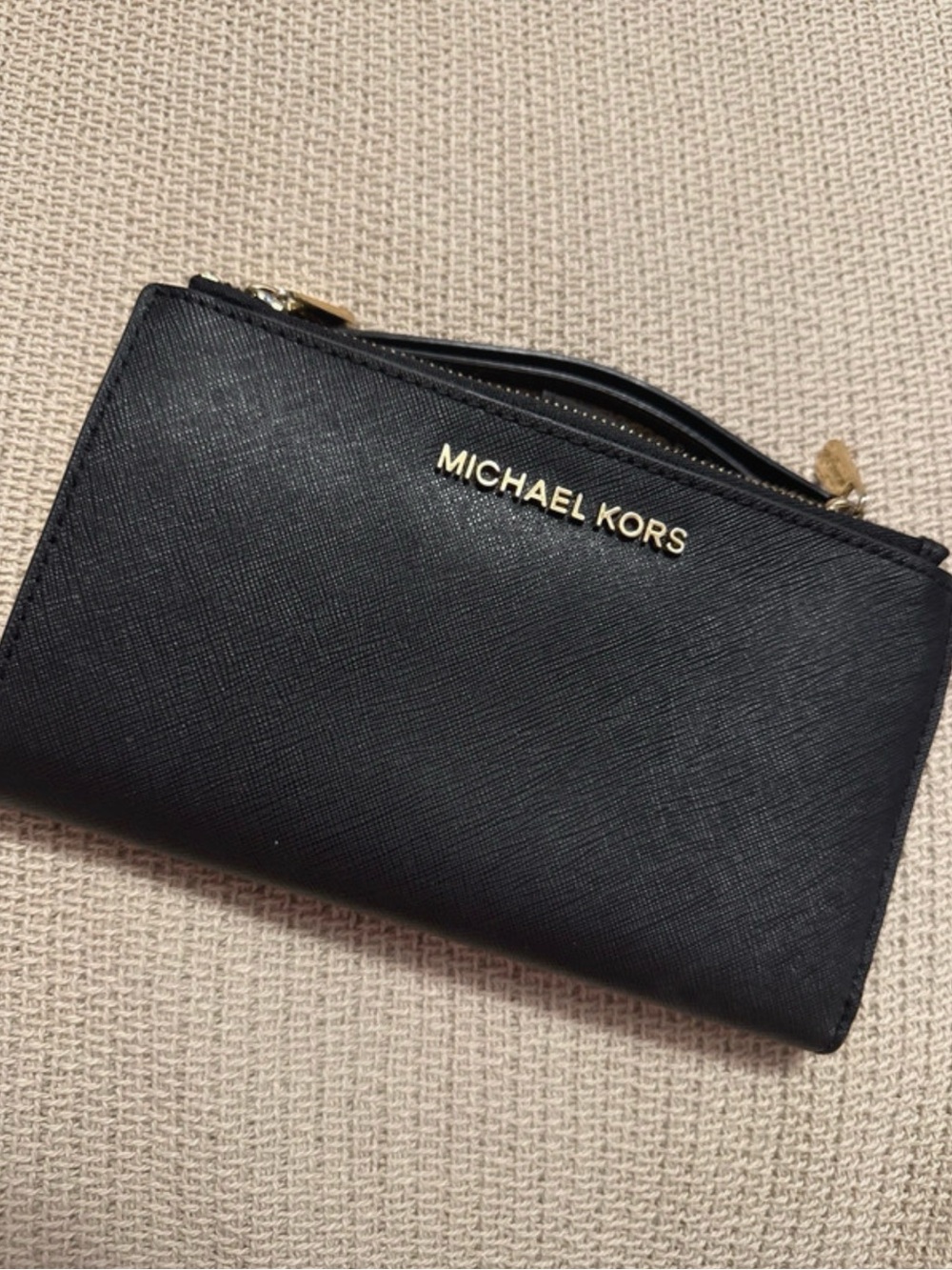 Michael Kors Black Saffiano Leather Zip Card Wallet with Gold Logo